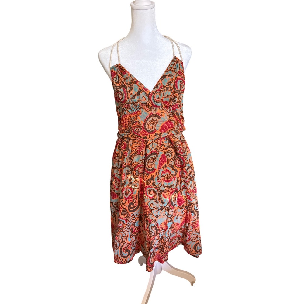 Moulinette Soeurs Halter Dress Womens 12 Orange Paisley Boho Ruched